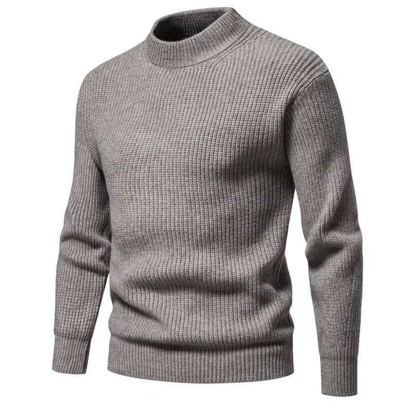 Men's casual knitted solid colour slim fit polyester sweater in dark gray, blue, and light brown, sizes M to XXXL