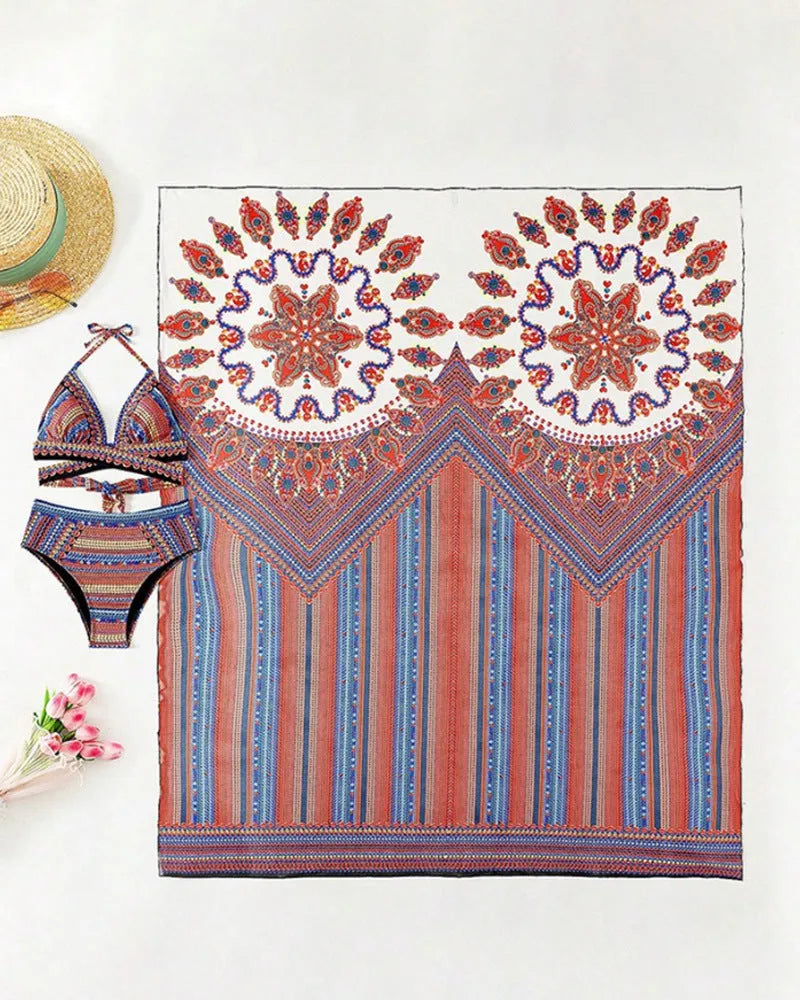 Women's three-piece split swimsuit set in picture colour, showing high-waist briefs, cutout blouse, and a cover-up coat.