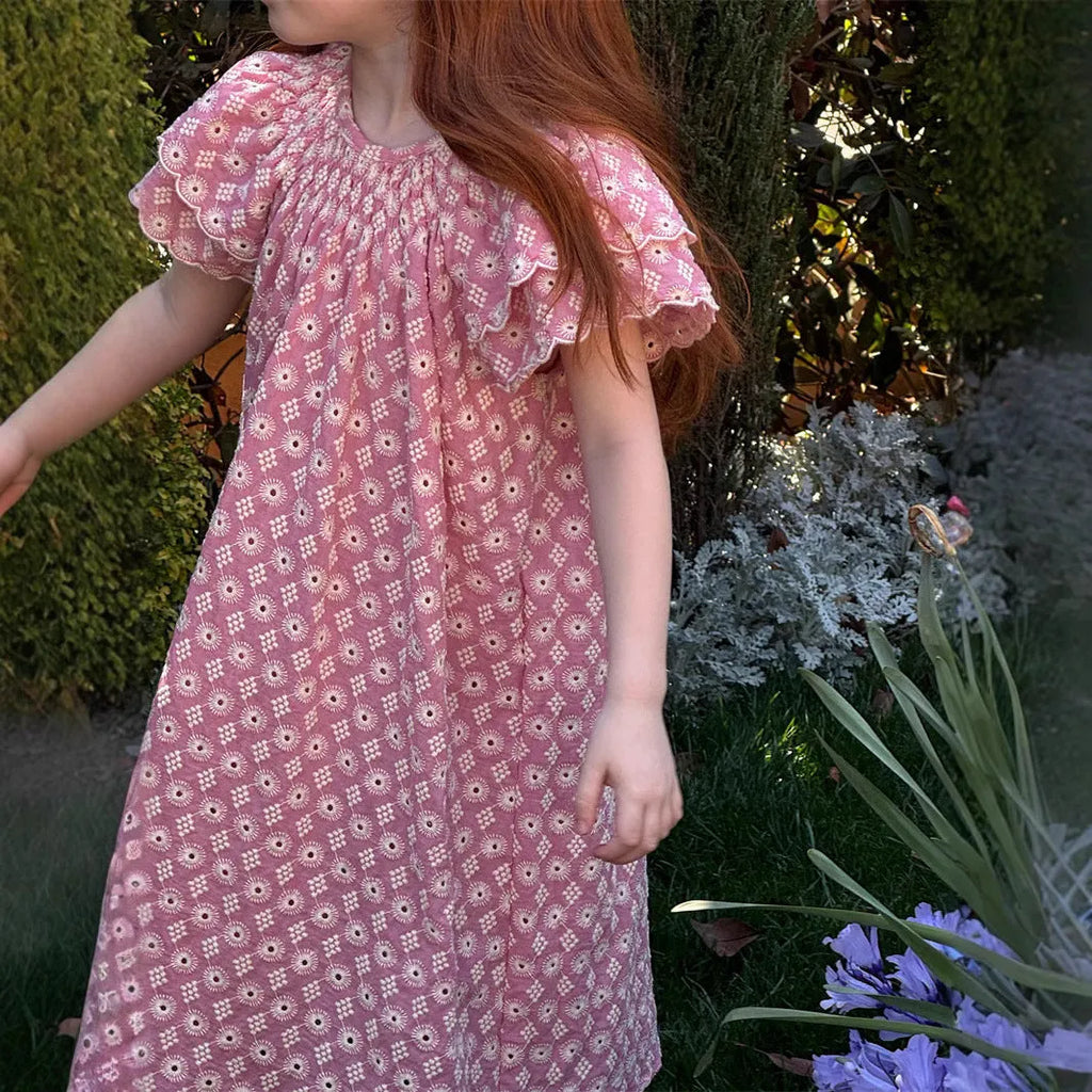 Pink girls' embroidered vintage cotton dress with floral pattern and lace flounced sleeves
