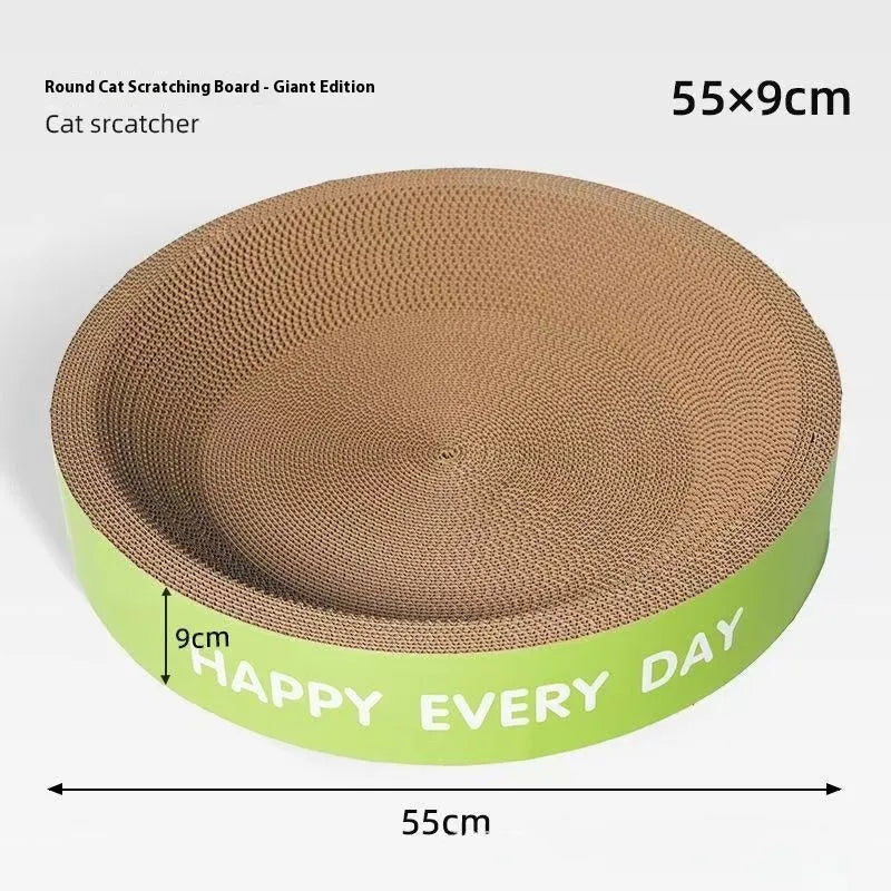 Green round cat nest basket with integrated scratching surface, 50cm wide.