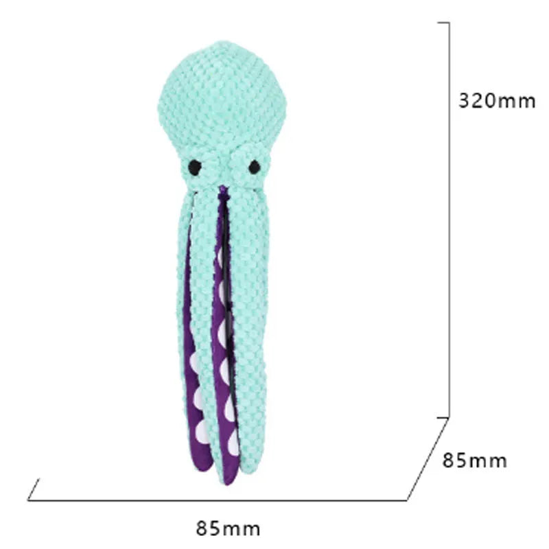 Blue plush octopus dog chew toy with six long legs and cartoon eyes on a white background