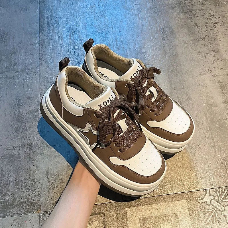 Women's casual star round head heightening sneakers with lace-up closure, rubber sole, black and khaki colour options