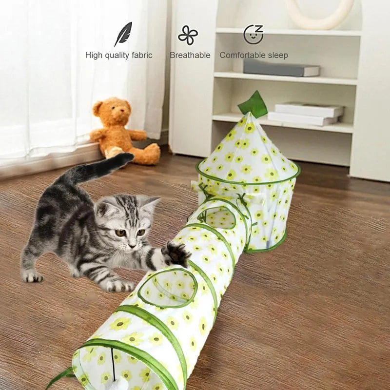 Foldable cat play tunnel with removable tubes and bunny tent in colour kitten design