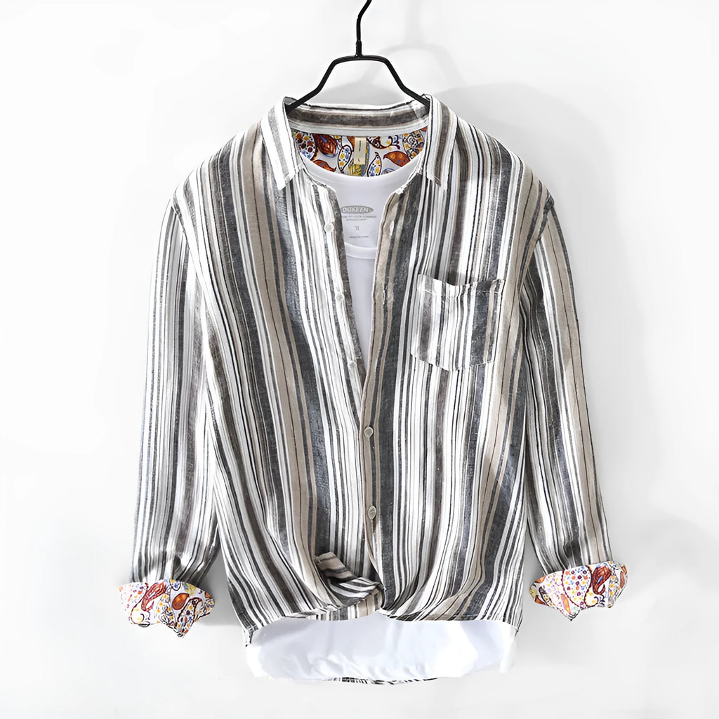 Men's grey striped linen shirt with long sleeves and loose fit casual design