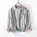Men's grey striped linen shirt with long sleeves and loose fit casual design