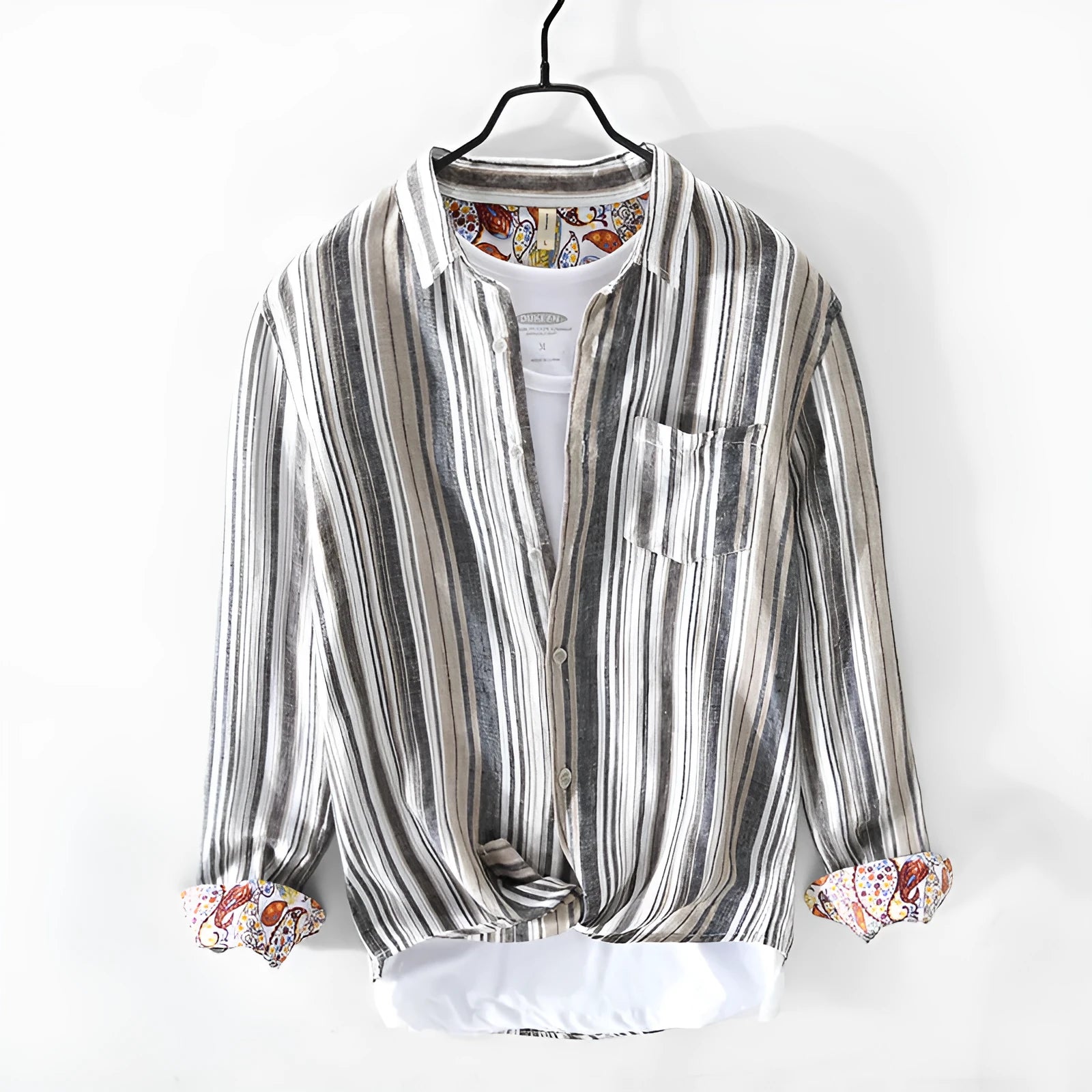 Men's grey striped linen shirt with long sleeves and loose fit casual design