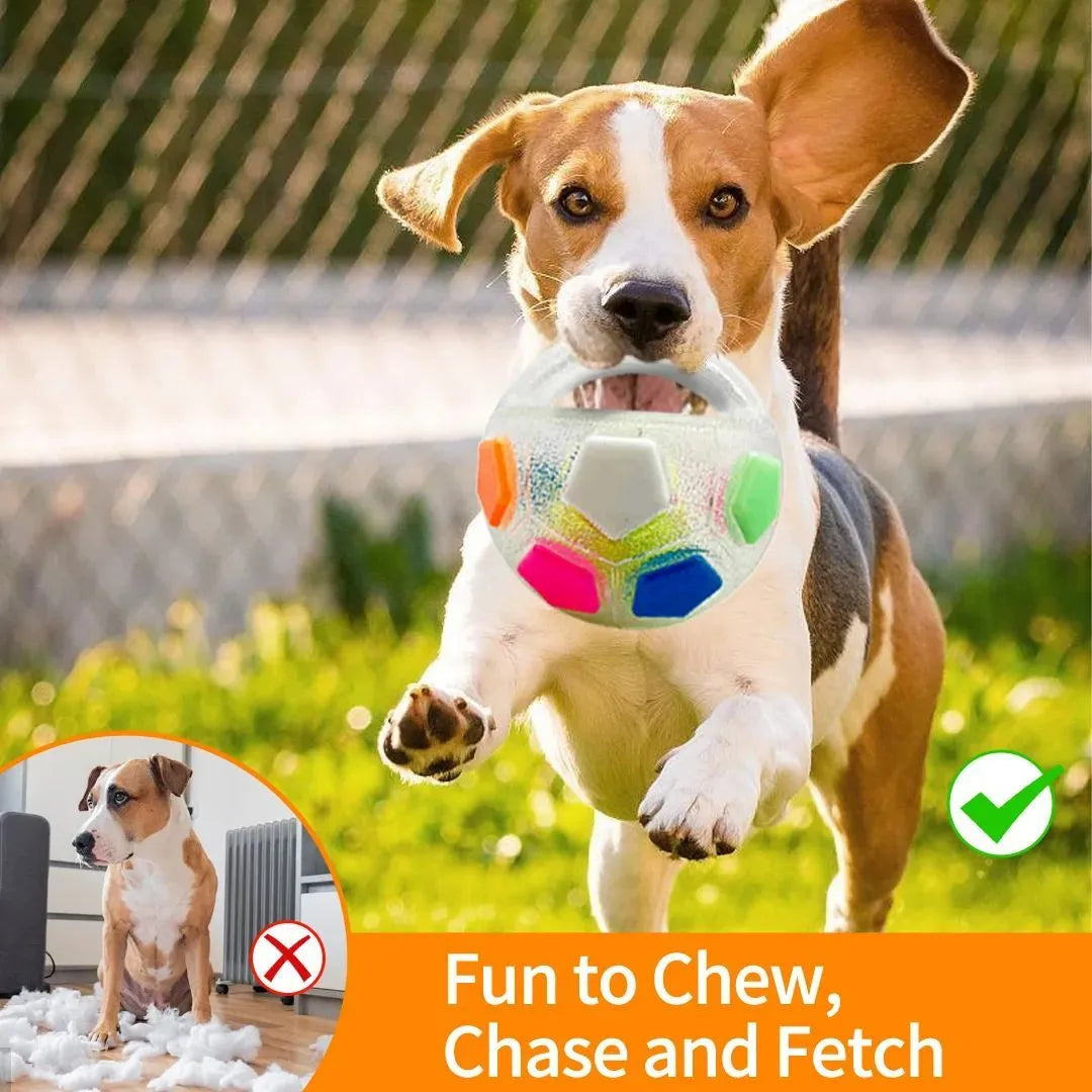Football tennis ball shaped dog toy in white with black pattern for outdoor fetching