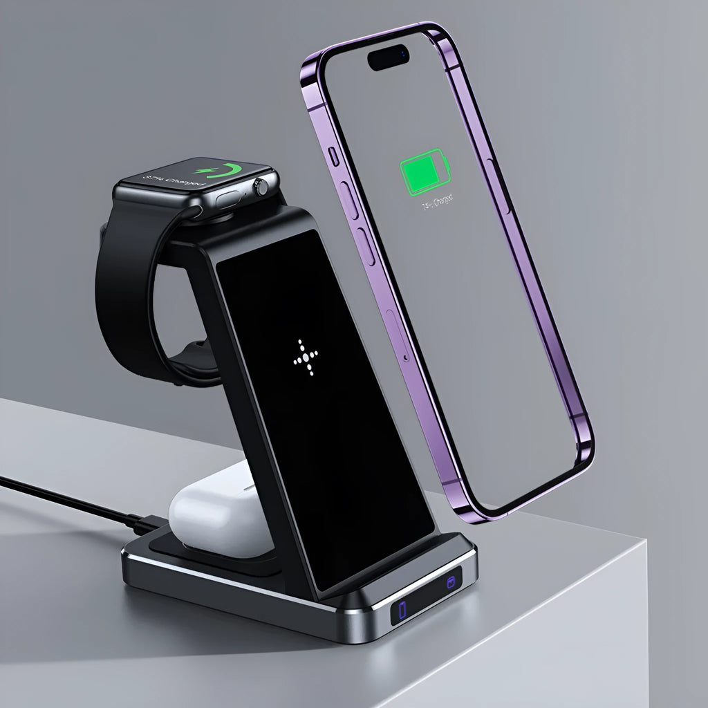 X2 three-in-one wireless charger in black charging a phone, watch, and earbuds on a desk
