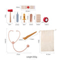 Wooden children's doctor play set with stethoscope and medical tools in cloth bag packaging