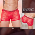 Men's black lace trim nylon boxer briefs laid flat, showing free size label.