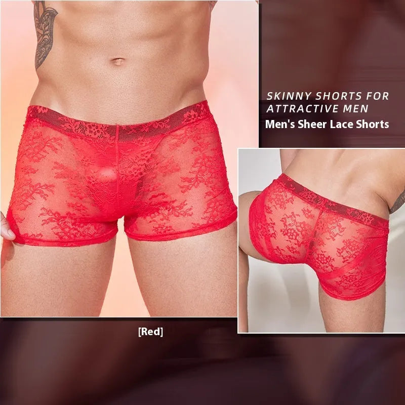 Men's black lace boxers made from nylon fabric, showing the detailed texture and free-size fit.