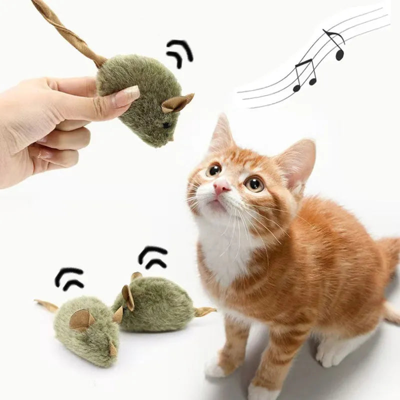 Plush mouse cat toy with tail, flannel surface and lanyard for interactive chirping play