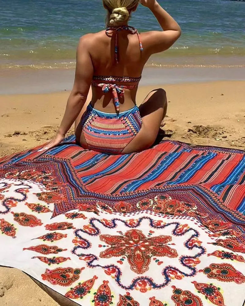 Women's three-piece swimsuit set with cutout top, high-waist briefs, and a matching coat.