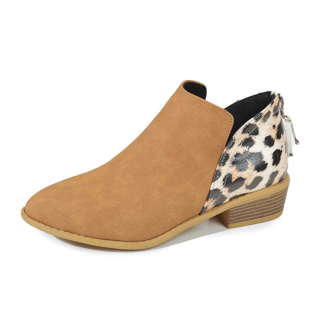 Beige leopard print suede women's ankle boots with pointed toe, chunky heel, and back zipper