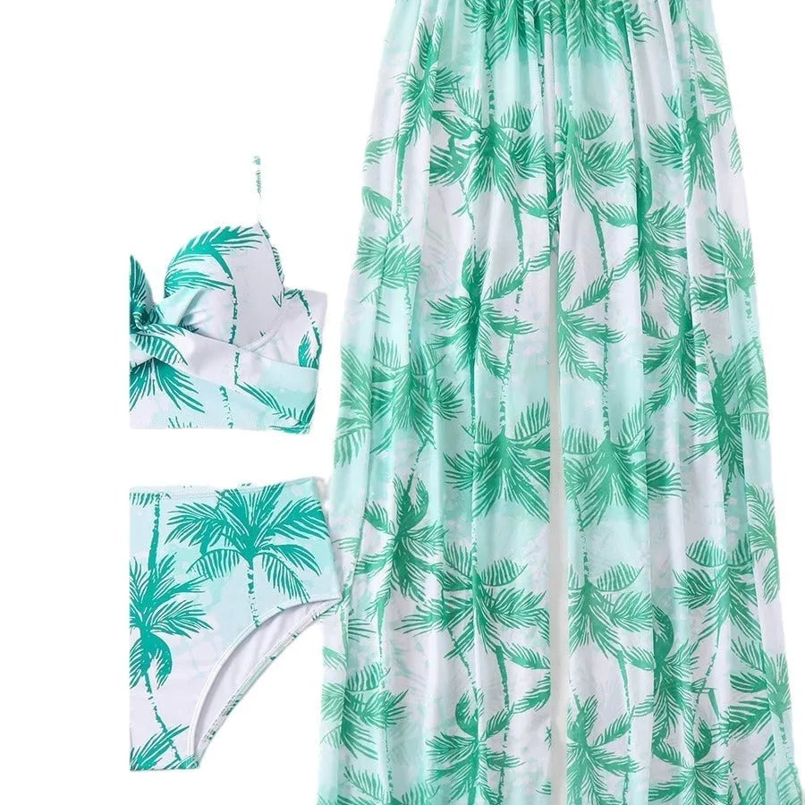 Women's three-piece bikini set in printed polyester and spandex with top and pants, available in black blue emerald green