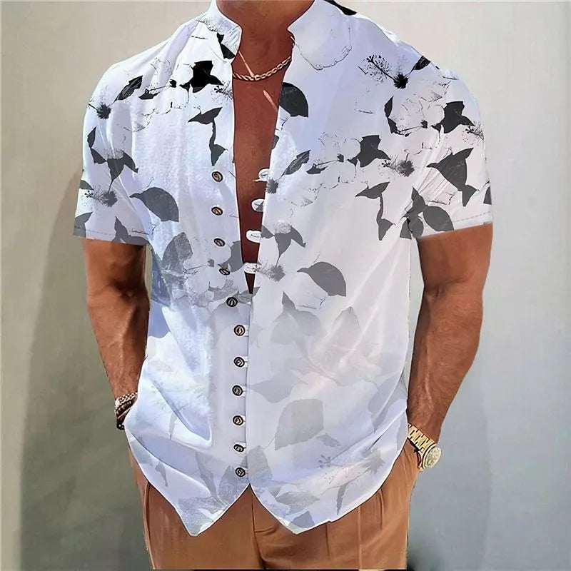 Youth wearing a short sleeve geometric floral print shirt in a cardigan style, available in multiple colours and extended sizes.