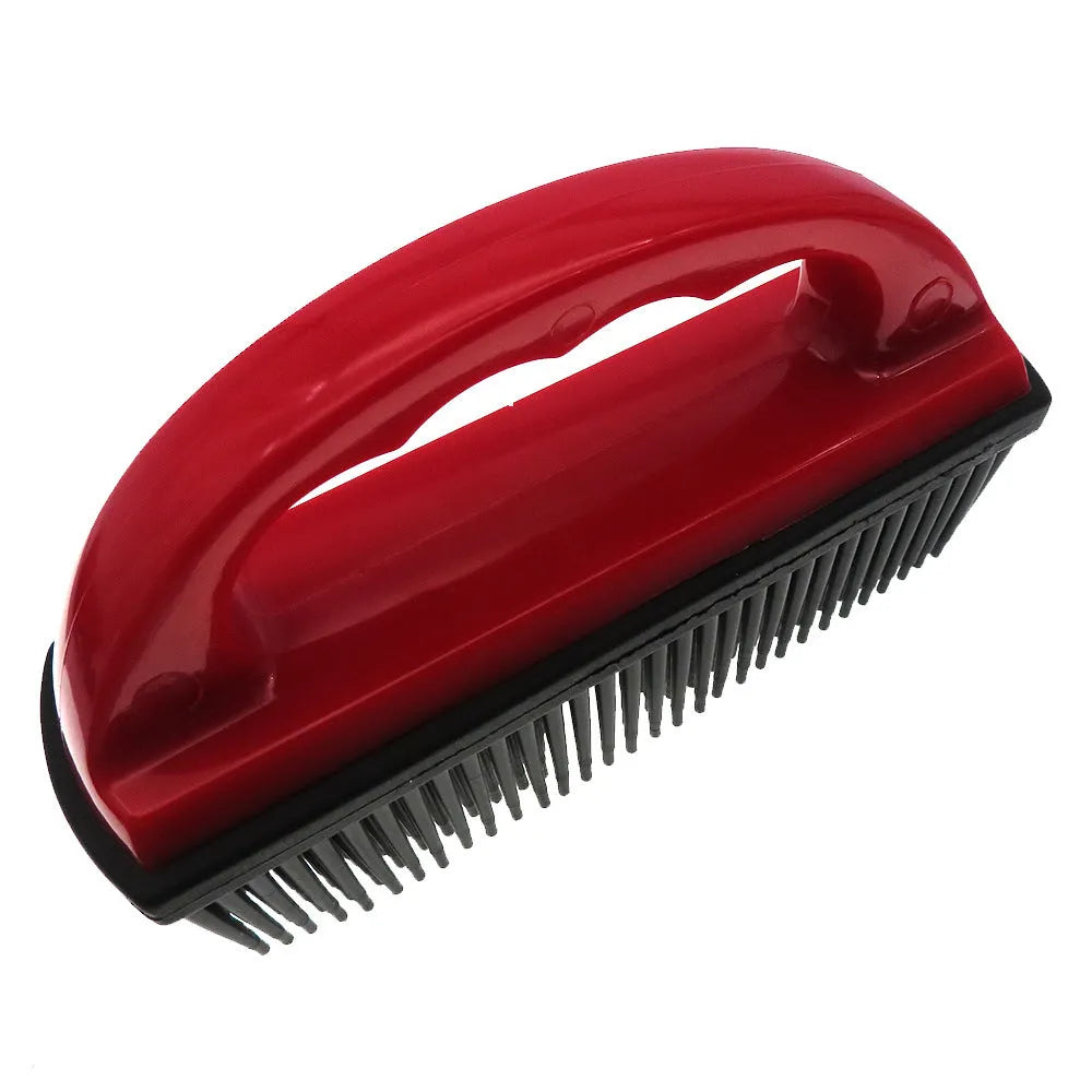 Red handheld pet hair removal brush for grooming and carpet cleaning