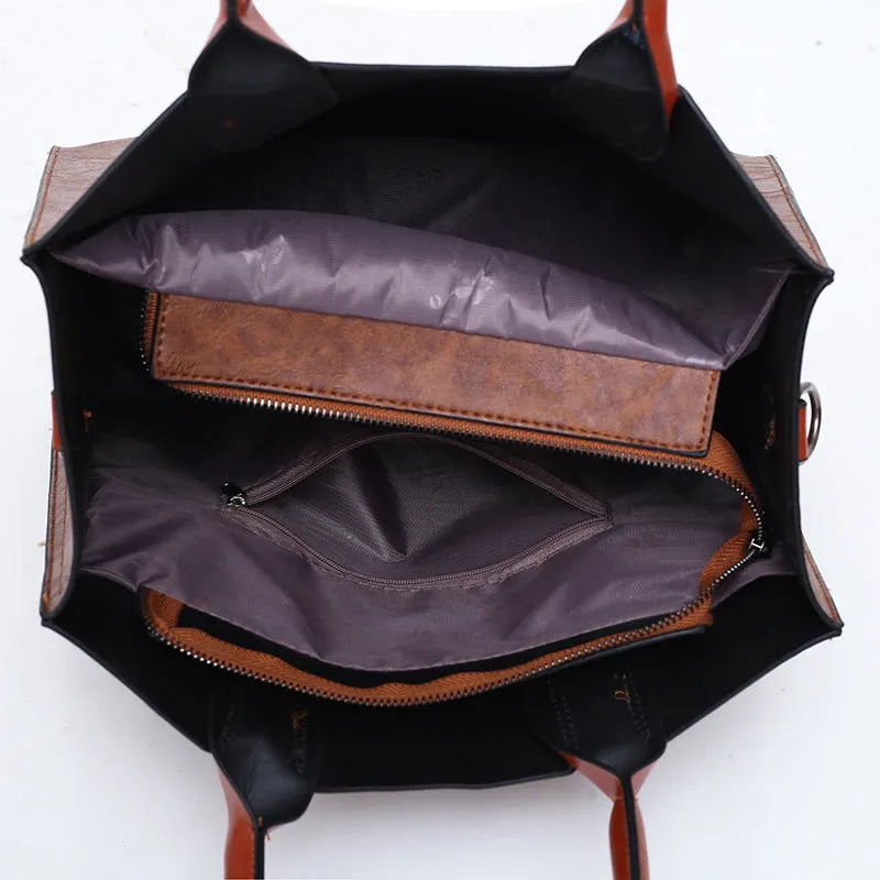 Three-piece women's PU bag set in retro style with sewing line detail, available in four solid colours