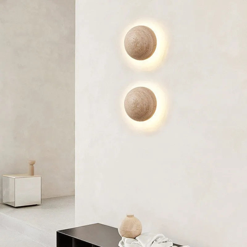Semicircle cave stone and wood art wall lamp in Nordic style, 15cm wide.