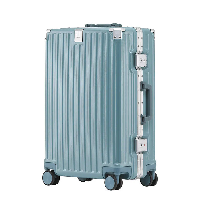 Aluminium frame trolley suitcase in avocado green with multi-functional pockets and USB port.
