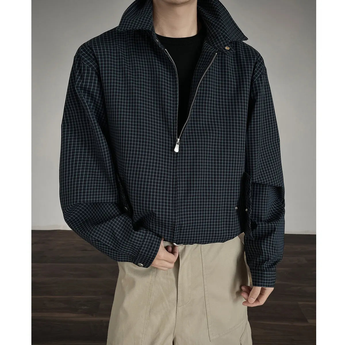 Korean style simple retro plaid short jacket with double zipper in gray plaid