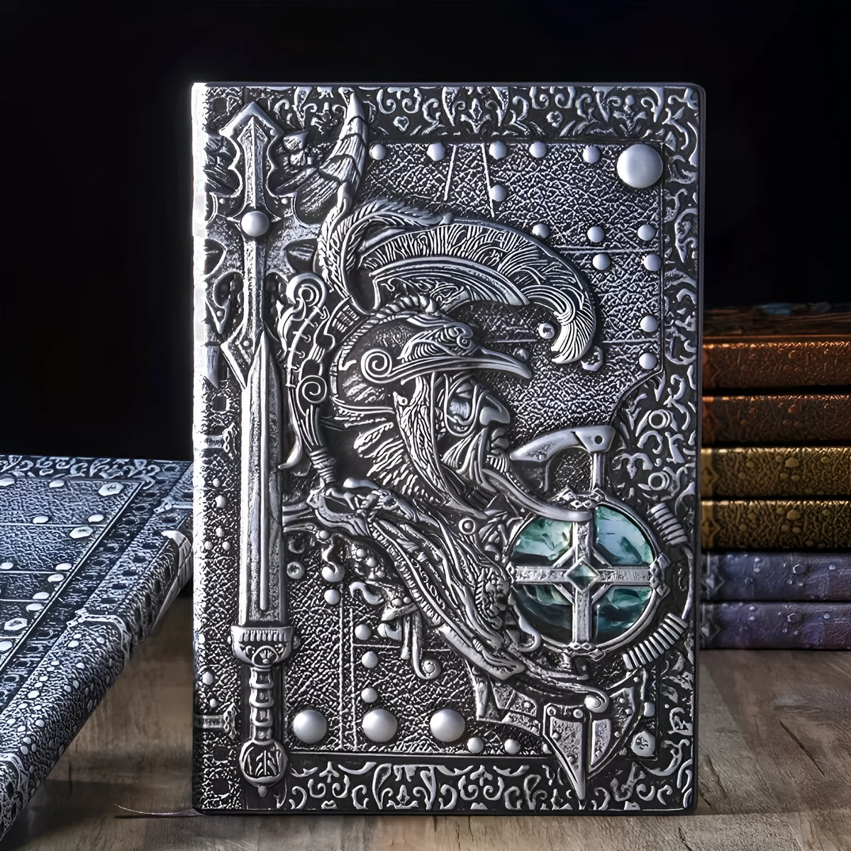 Handmade leather A5 notebook with 3D embossed warriors relief on the cover, showing bronze colour option.