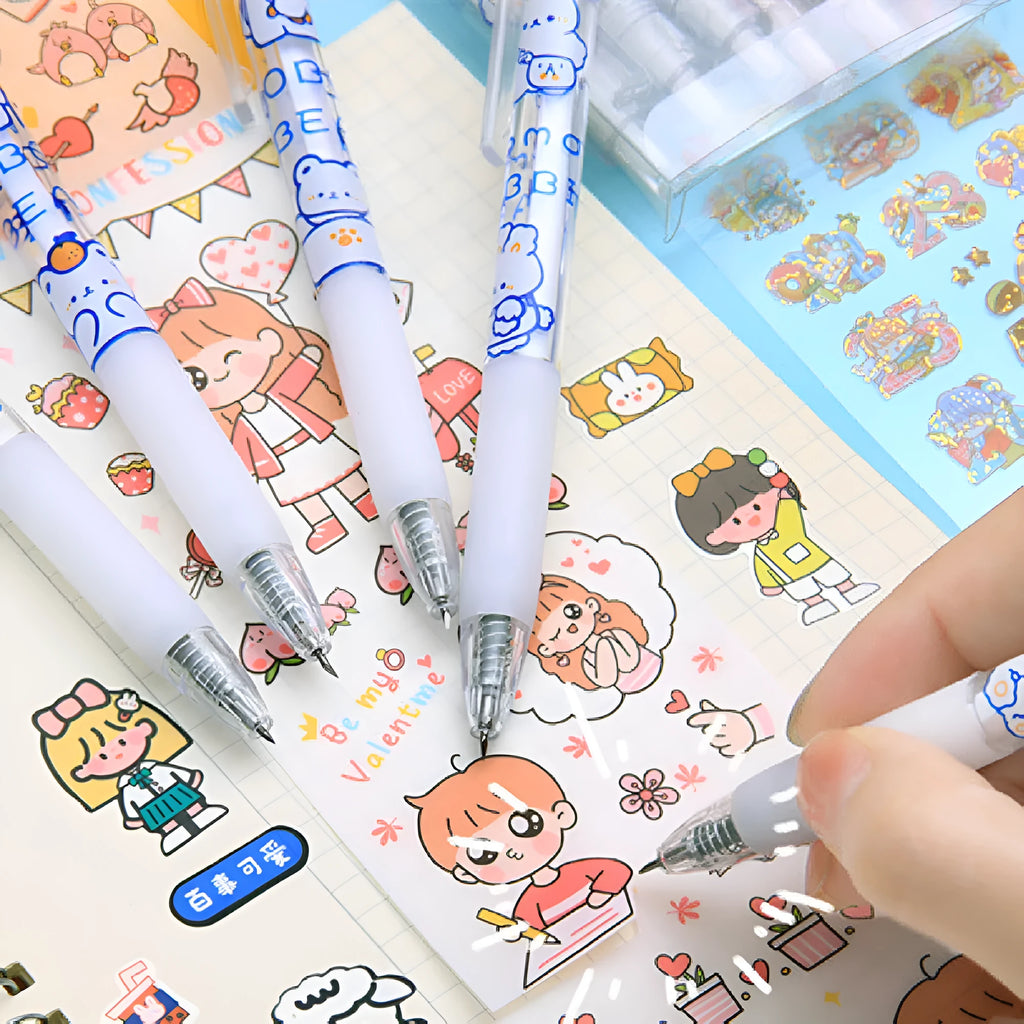 Set of six cream-coloured bear and rabbit themed press pen knives on a white background.