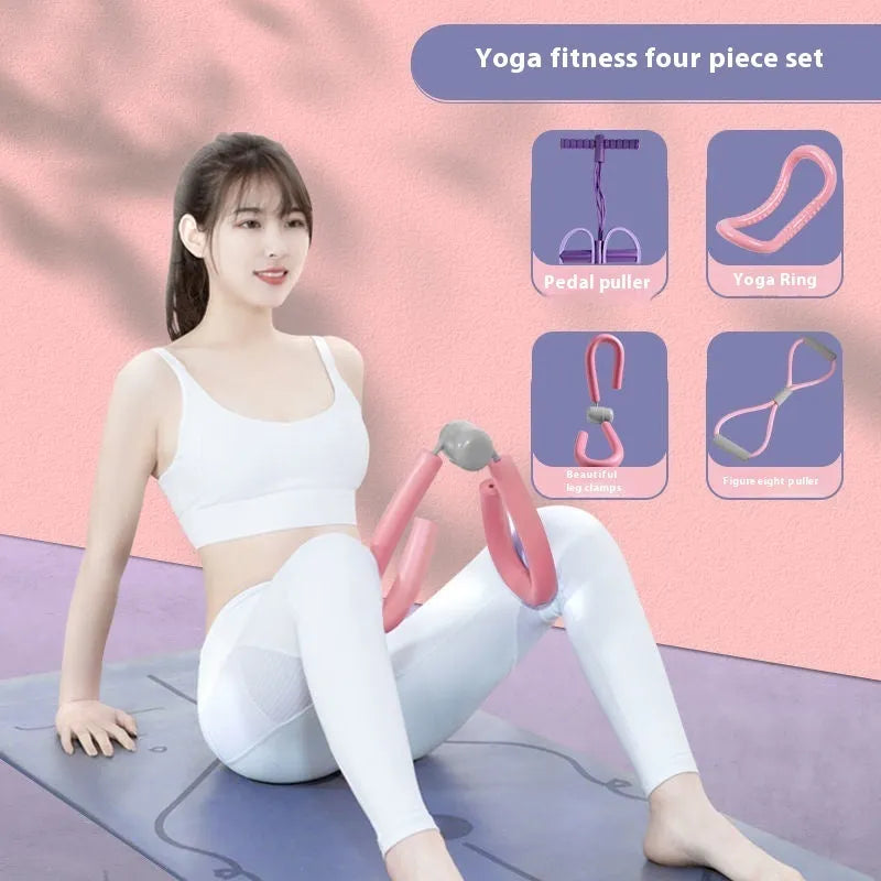 Yoga four piece fitness set with leg stretcher, pedal device, yoga ring, and figure eight tension rope.