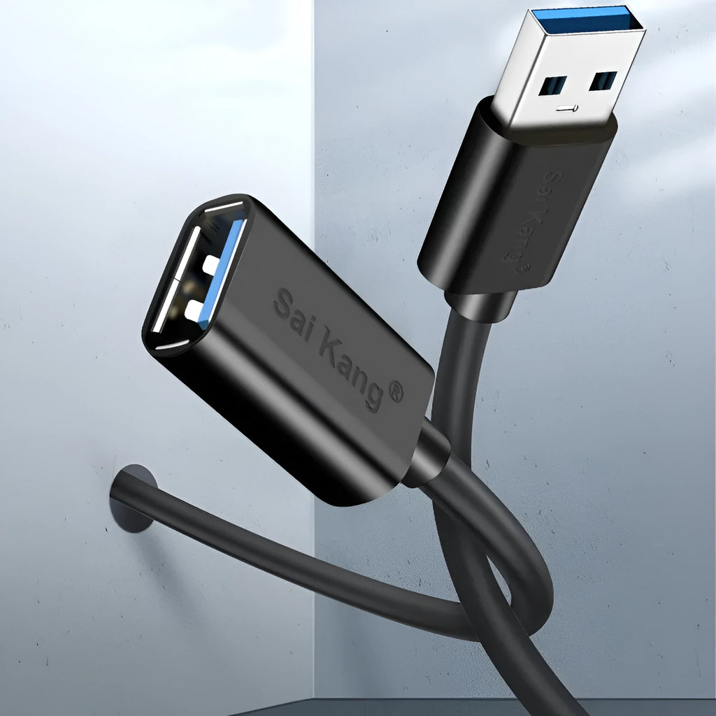 Black USB extension cable with male and female connectors, shown coiled to indicate its available lengths up to 5 metres.