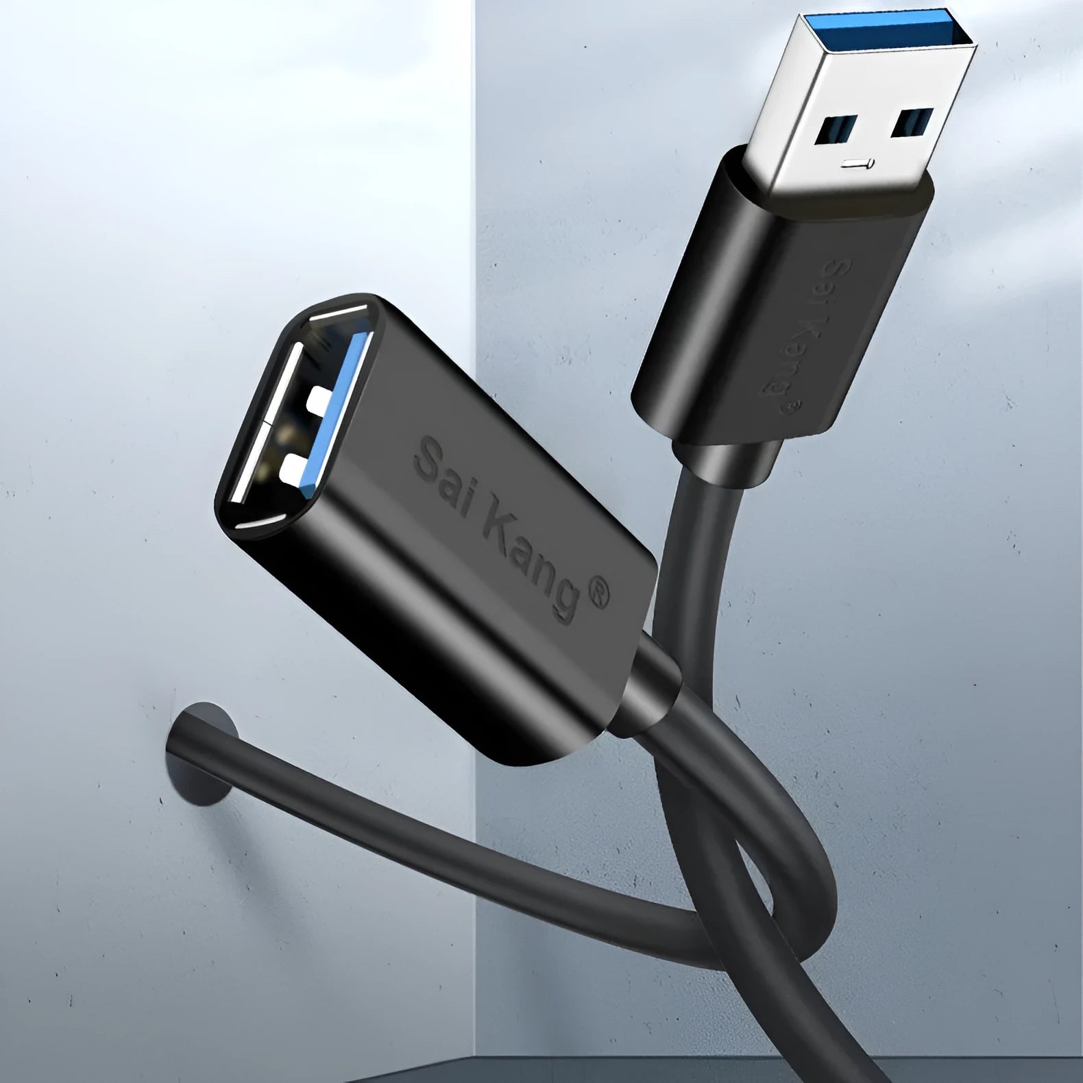 Black USB extension cable with male and female connectors, shown coiled to indicate its available lengths up to 5 metres.