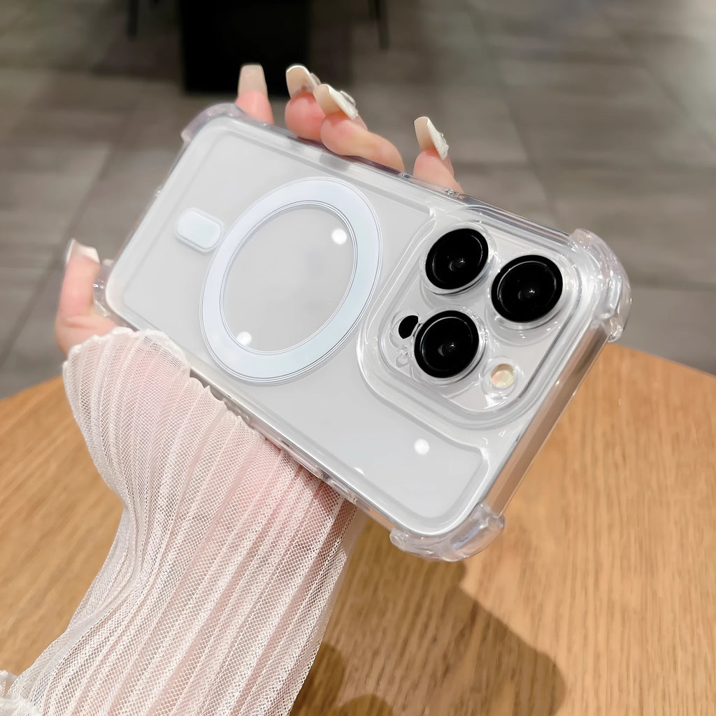 Transparent airbag silicone phone case with magnetic suction and lens protection for iPhone models