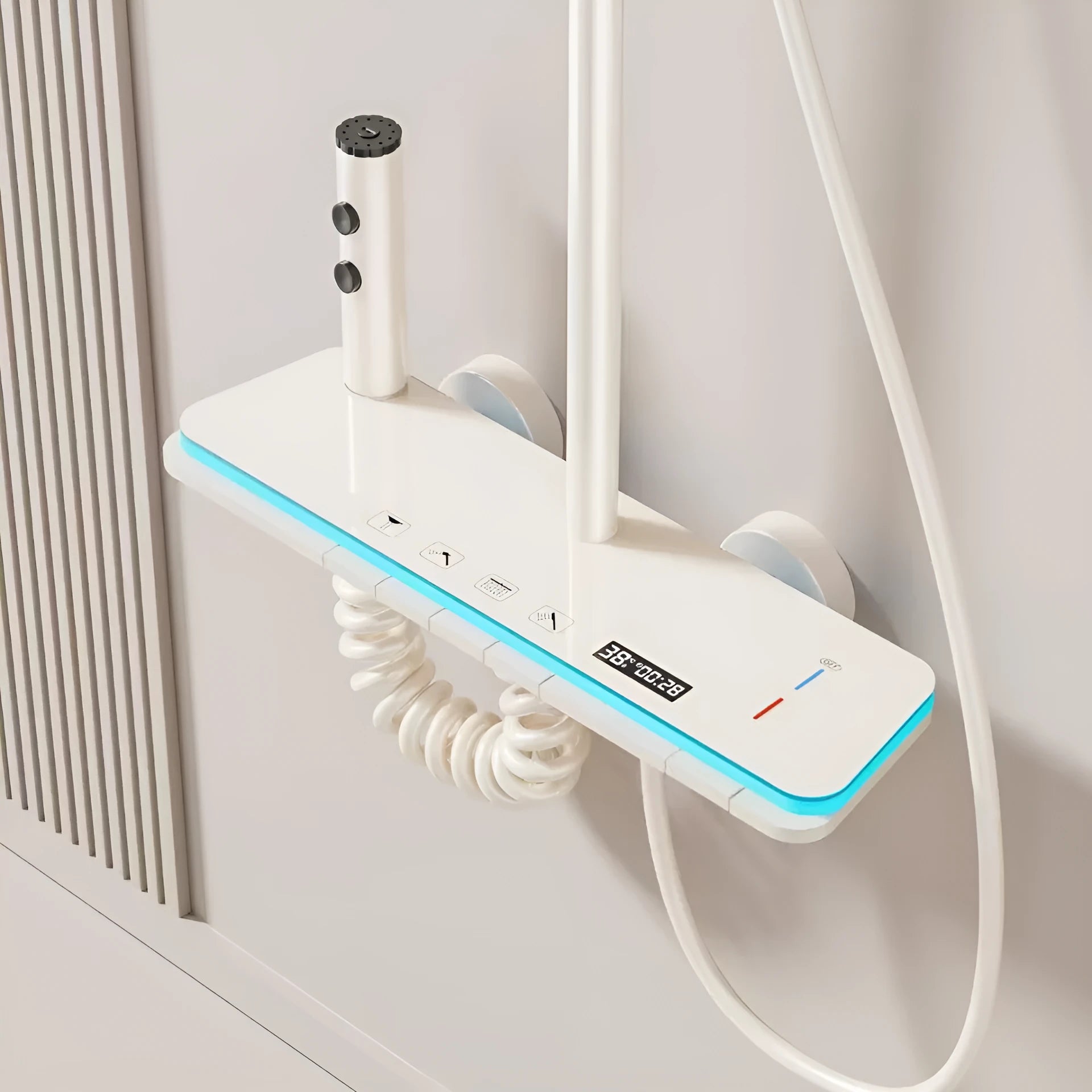 Aluminium digital display shower set in white or grey with temperature control dial.