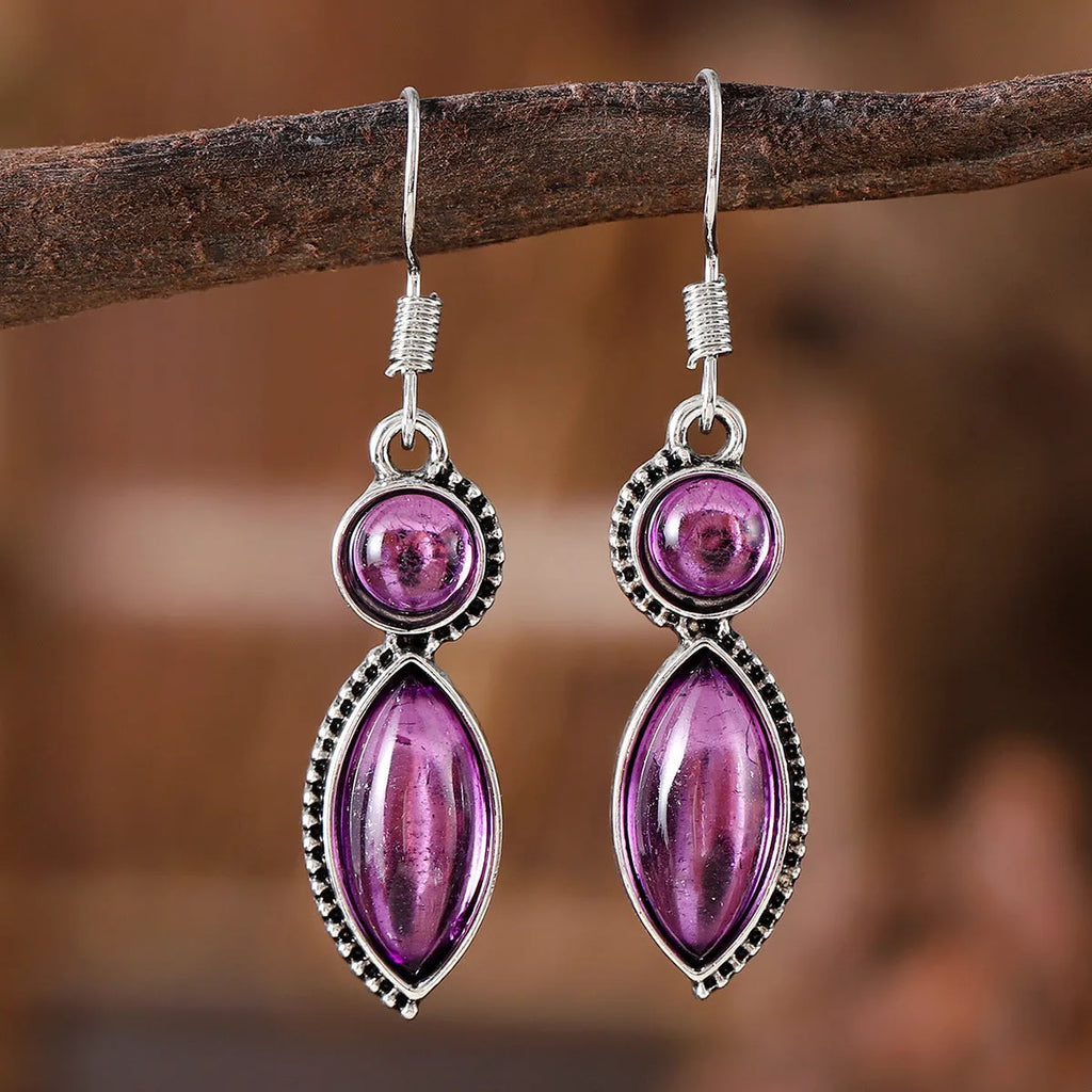 Vintage geometric pendant earrings in zinc alloy with electroplated finish, shown in black or purple, women's retro bohemian style.