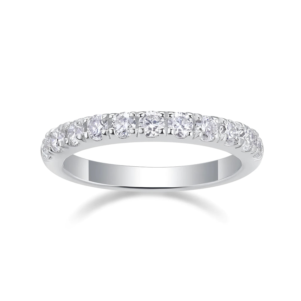 Parallel World moissanite wedding ring set in gold, S925 silver with platinum plating, on white background