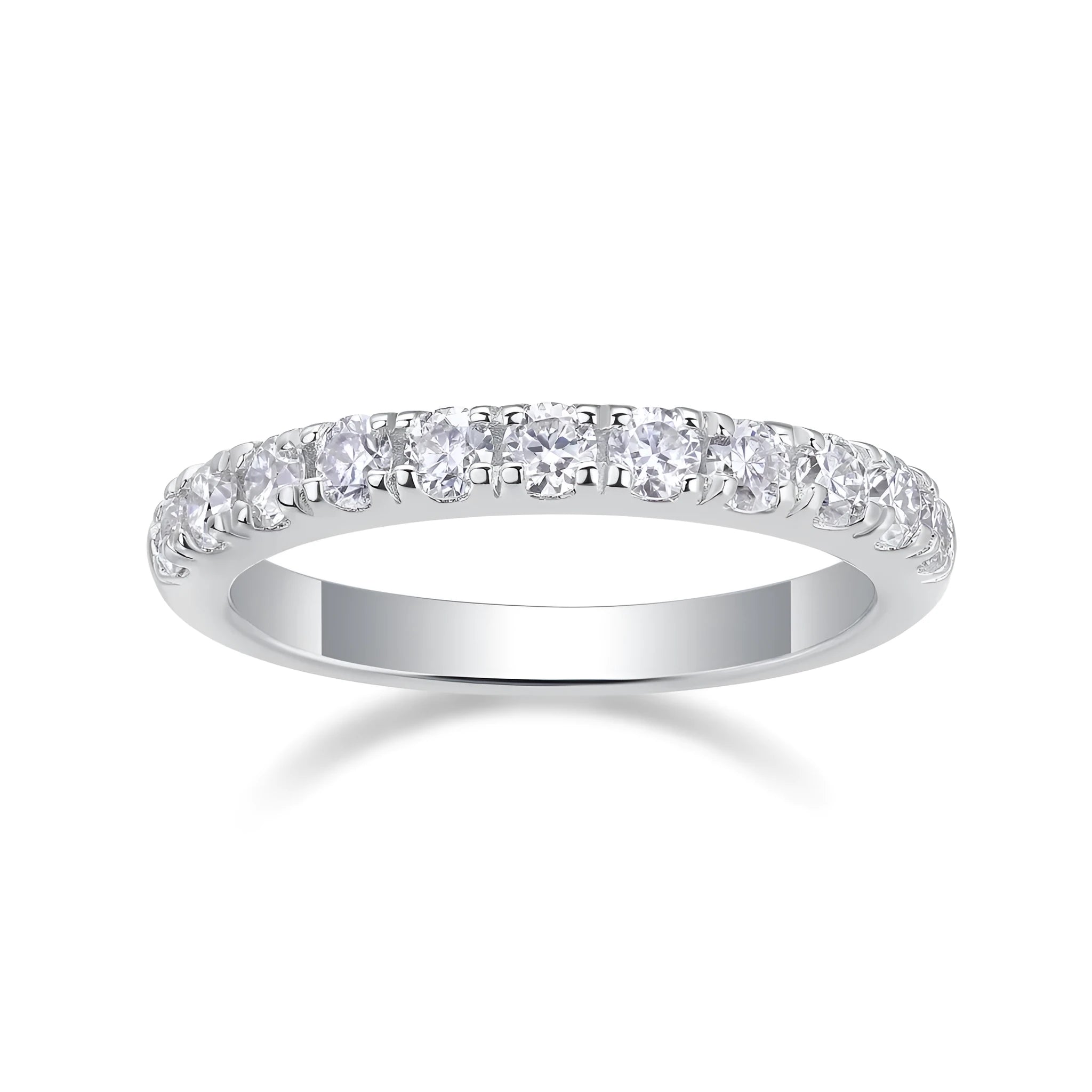 Parallel World moissanite wedding ring set in gold, S925 silver with platinum plating, on white background