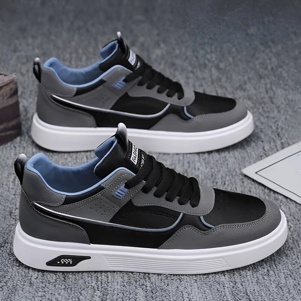 Men's low-top canvas board shoes in grey with leather stitching and mesh lining visible at the collar.
