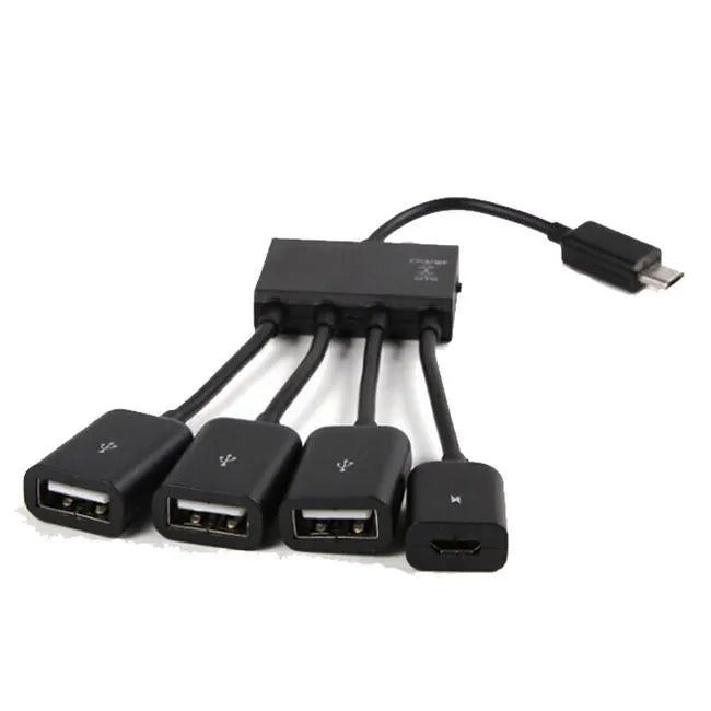 Black micro USB OTG one-to-four multi-port adapter with 0.25m cable for Android devices