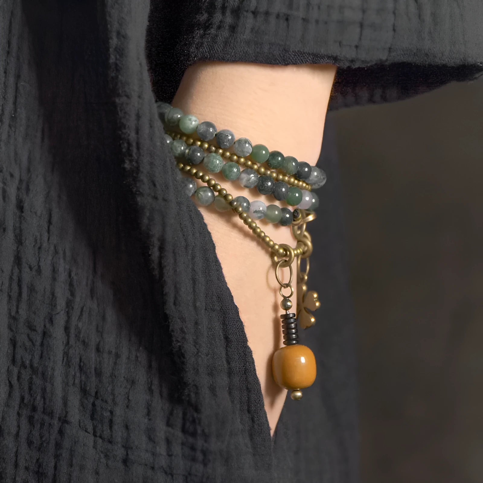 Ethnic multi-layered bracelet with natural crystals for children in traditional retro style