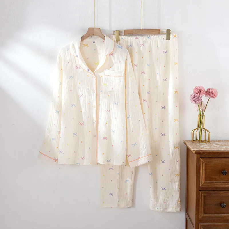 Women's cotton crepe pajamas suit in pink with long sleeves and trousers