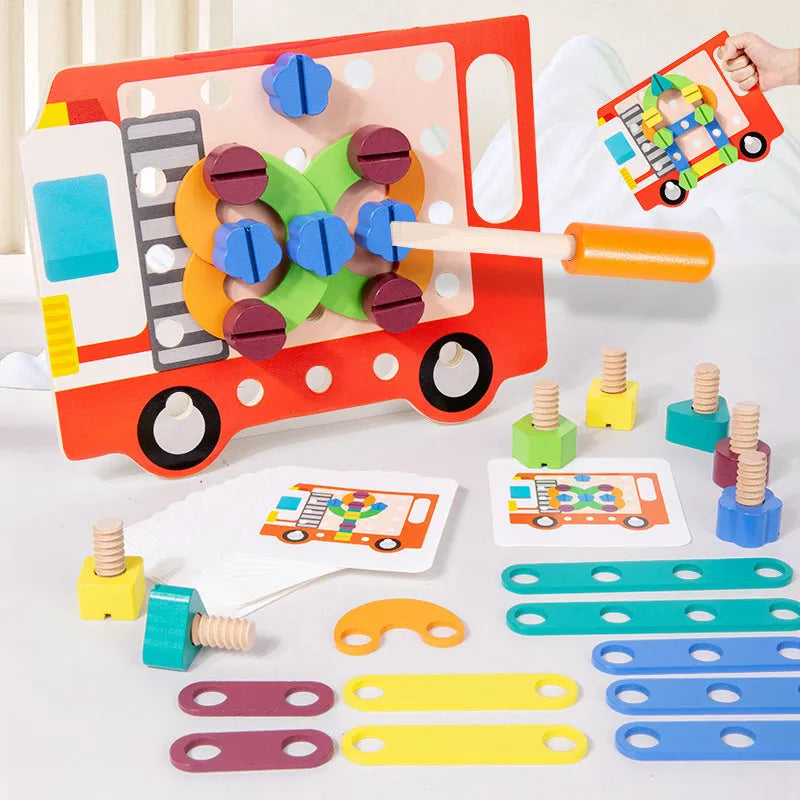 Children twist screws changeable shape matching wooden puzzle in colourful design