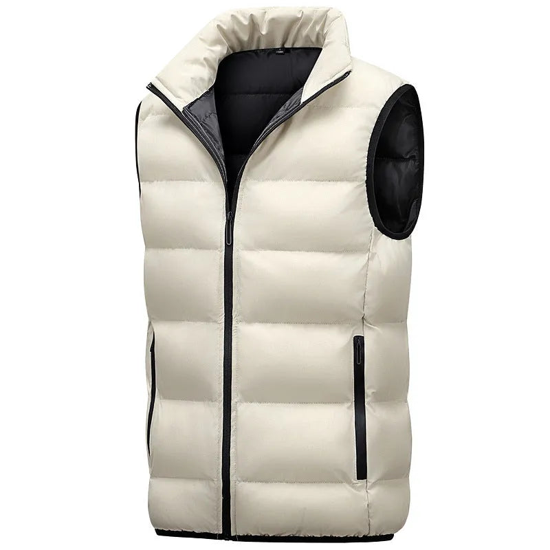Men's waterproof polyester vest in black with straight hem, front view