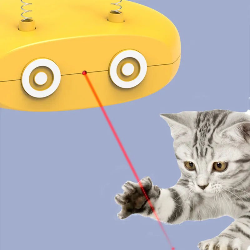 Blue rechargeable robot cat toy with laser pointer and feather attachments on grey floor