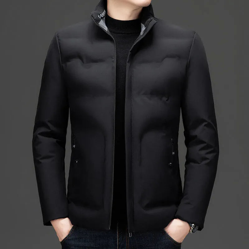 Men's thick business cotton coat in black, beige, and navy blue, polyester fabric, sizes XL to 5XL