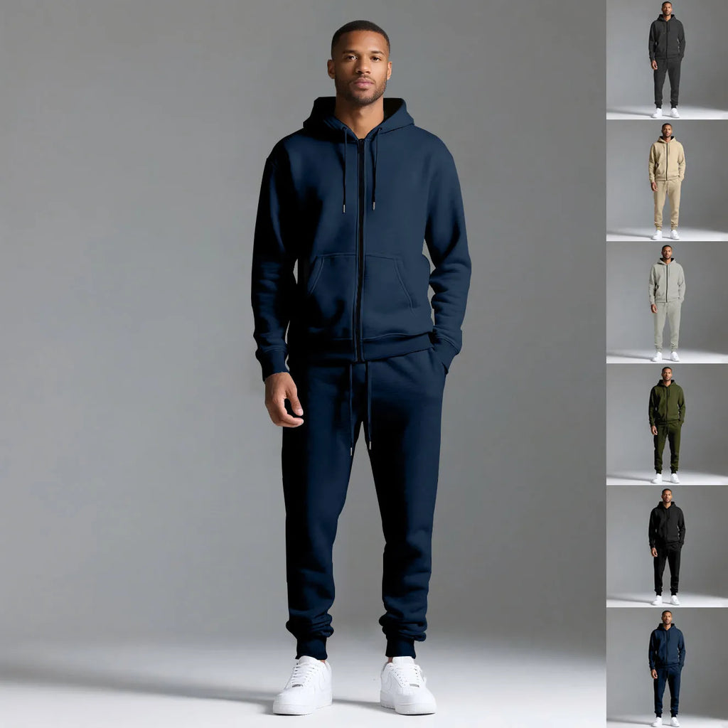 Men's hooded sportswear set in black with long sleeve jacket and long pants, cotton-polyester blend.
