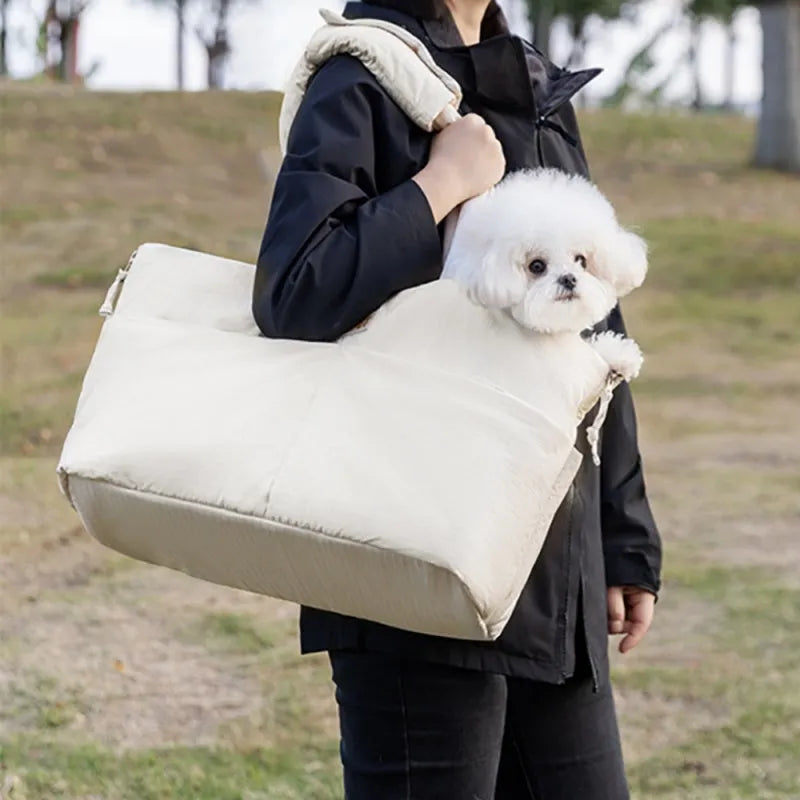 Beige dog car seat pet carrier with adjustable safety leash, plush quilted fabric, for small pets up to 10 pounds