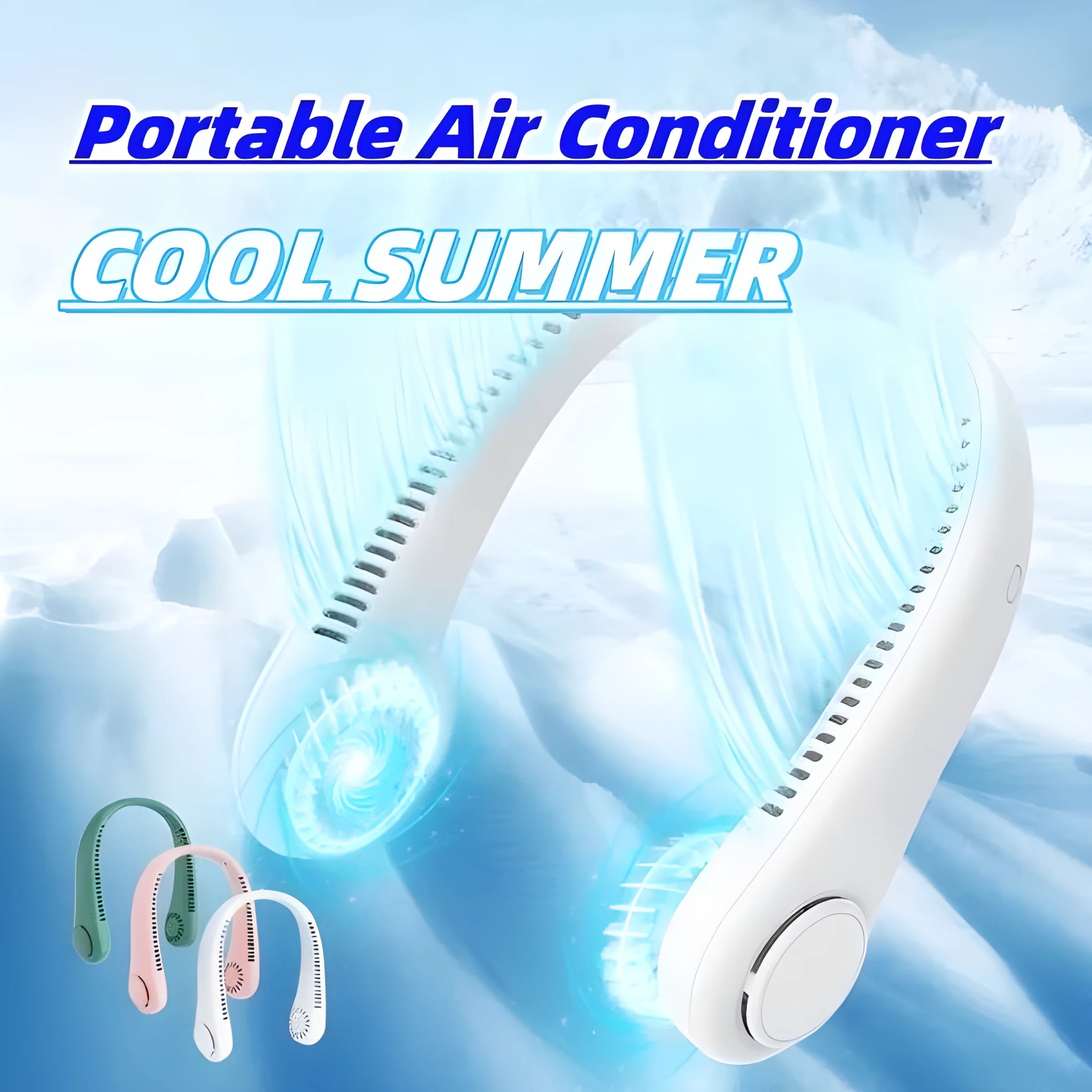 White rechargeable bladeless neck fan hanging around a person's neck showing its hands-free design