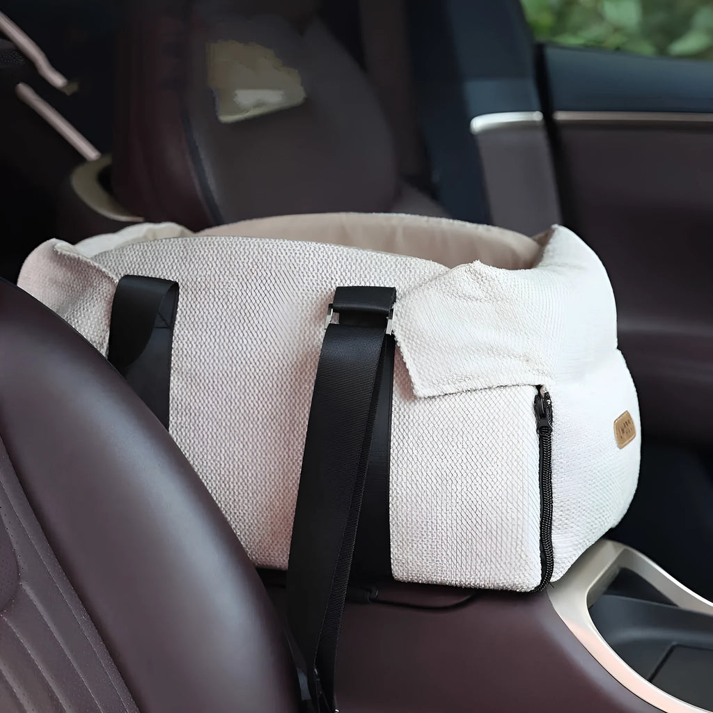 Beige white dual-use pet car nest and diaper bag with removable pillow for small dogs and cats.