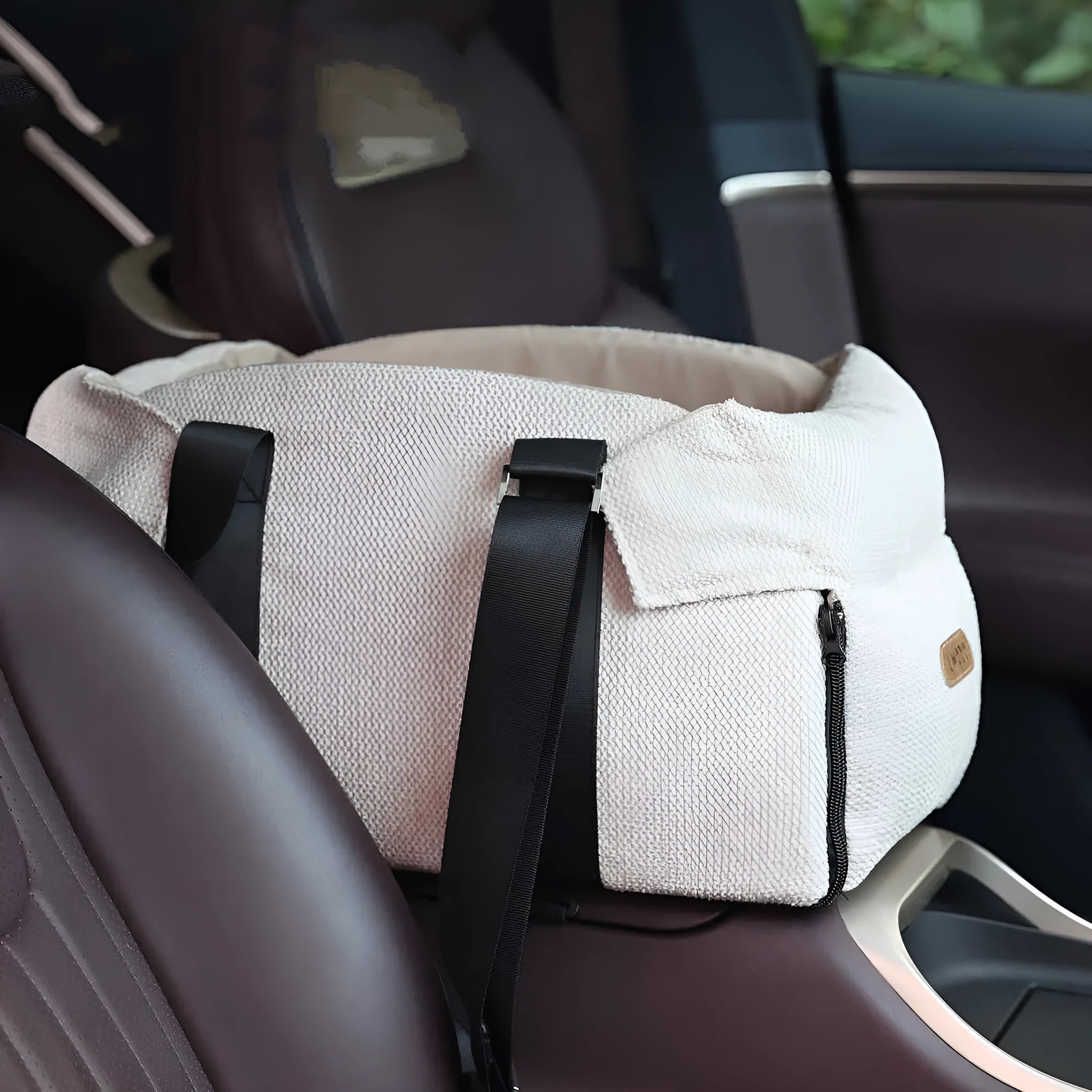 Beige white dual-use pet car nest and diaper bag with removable pillow for small dogs and cats.