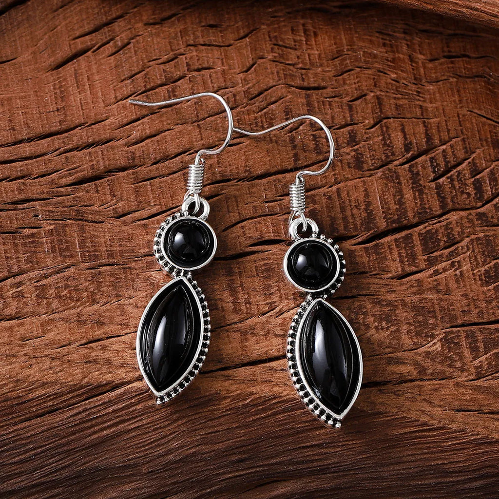 Vintage geometric pendant earrings in zinc alloy with electroplated finish, shown in black or purple, women's retro bohemian style.