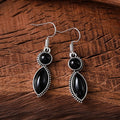 Vintage geometric pendant earrings in zinc alloy with electroplated finish, shown in black or purple, women's retro bohemian style.